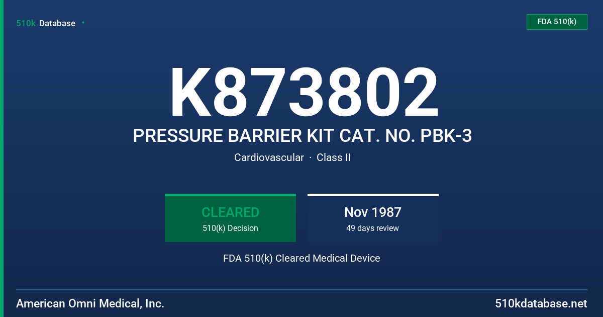 K873802 PRESSURE BARRIER KIT CAT. NO. PBK-3 FDA 510(k) Cleared Medical Device
