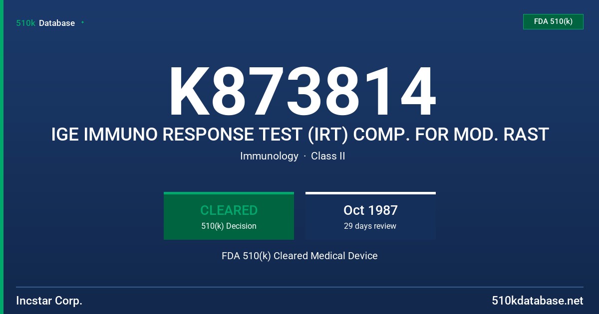 K873814 IGE IMMUNO RESPONSE TEST (IRT) COMP. FOR MOD. RAST FDA 510(k) Cleared Medical Device