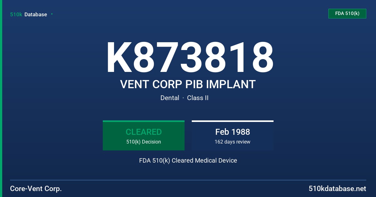 K873818 VENT CORP PIB IMPLANT FDA 510(k) Cleared Medical Device