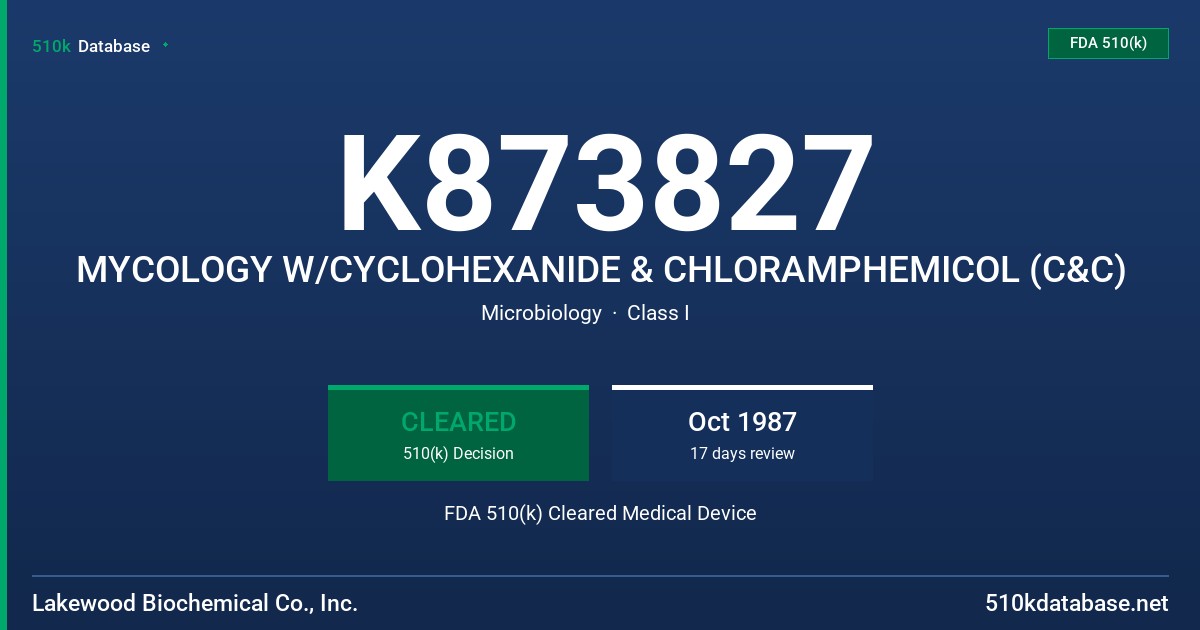 K873827 MYCOLOGY W/CYCLOHEXANIDE & CHLORAMPHEMICOL (C&C) FDA 510(k) Cleared Medical Device