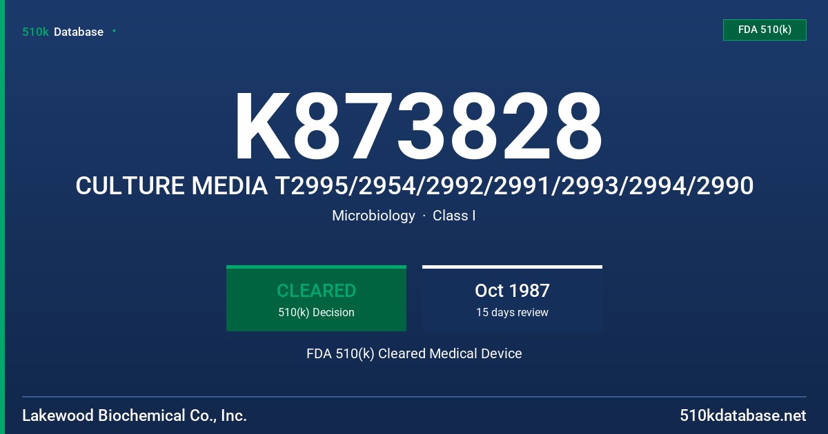 K873828 CULTURE MEDIA T2995/2954/2992/2991/2993/2994/2990 FDA 510(k) Cleared Medical Device