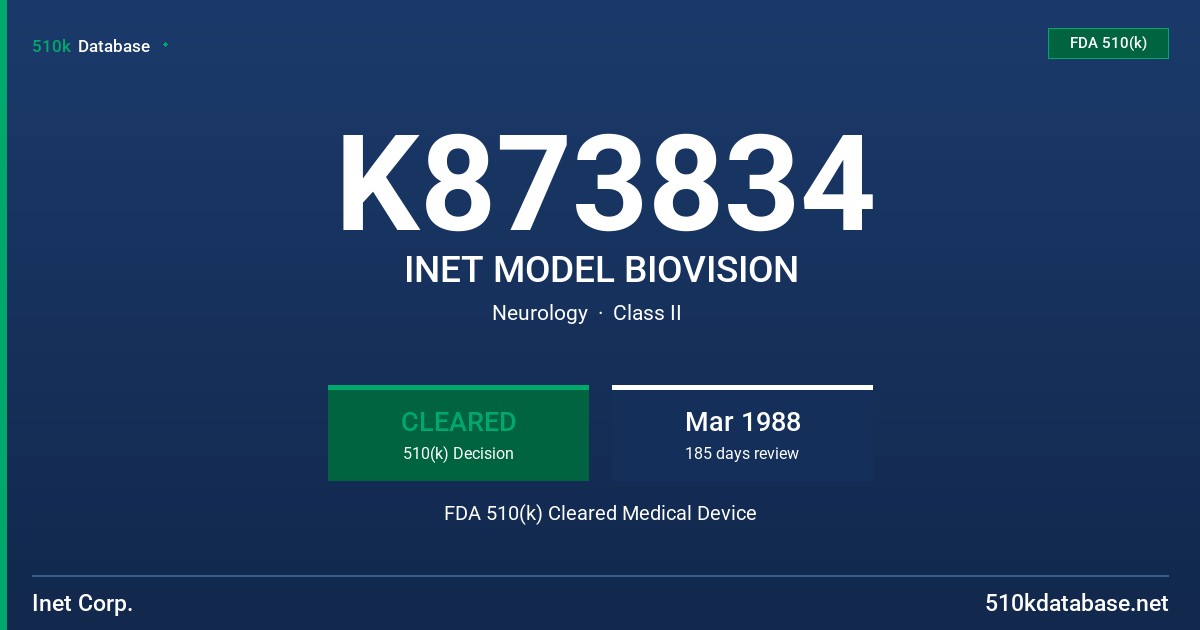 K873834 INET MODEL BIOVISION FDA 510(k) Cleared Medical Device
