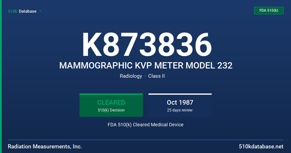 K873836 MAMMOGRAPHIC KVP METER MODEL 232 FDA 510(k) Cleared Medical Device