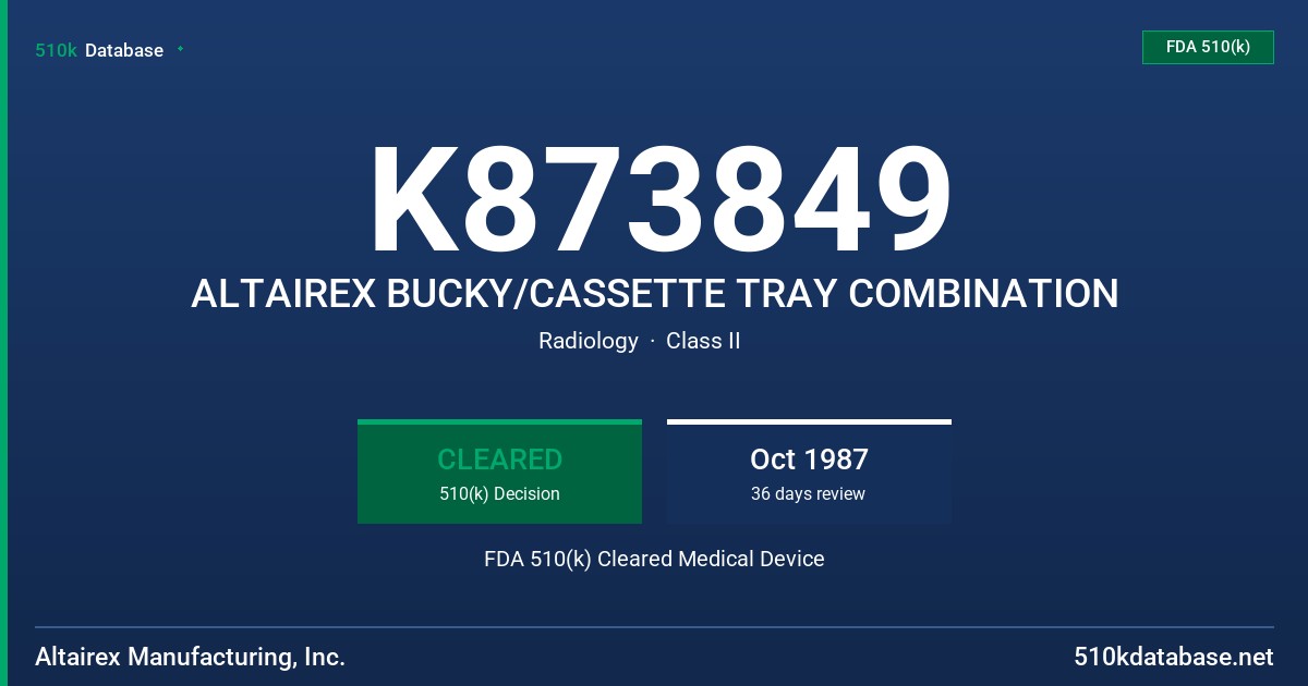 K873849 ALTAIREX BUCKY/CASSETTE TRAY COMBINATION FDA 510(k) Cleared Medical Device
