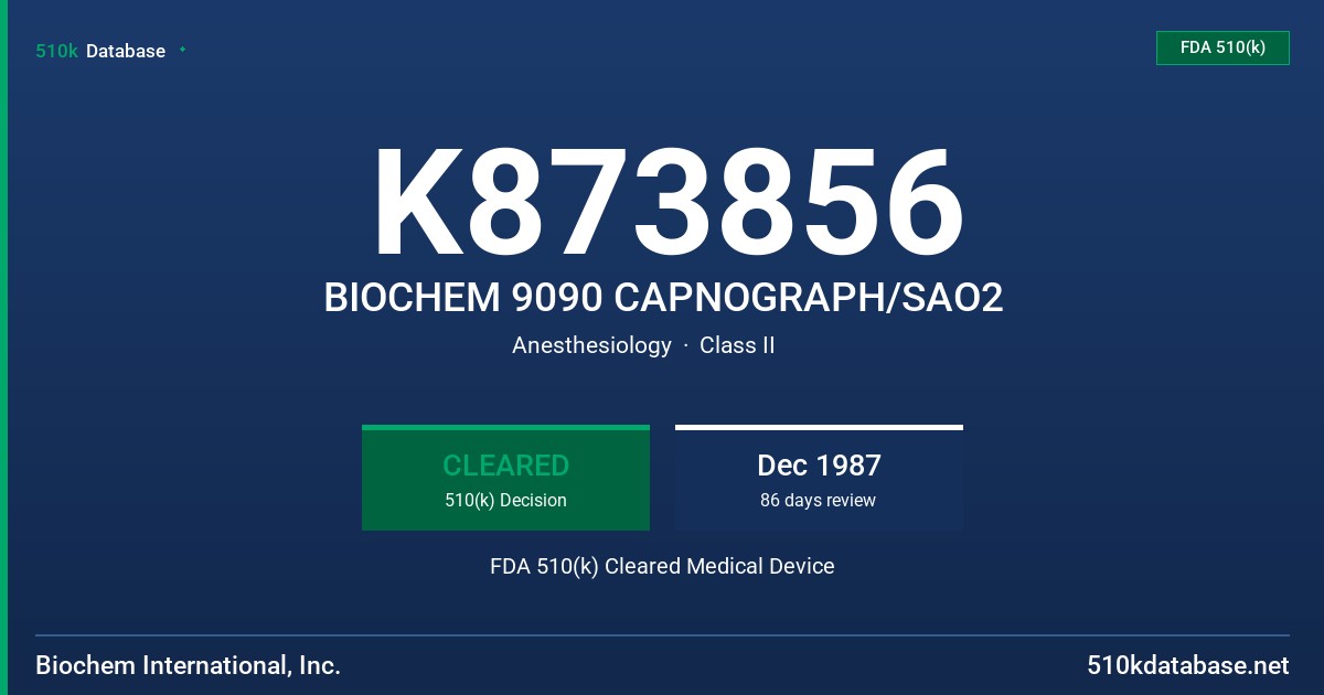 K873856 BIOCHEM 9090 CAPNOGRAPH/SAO2 FDA 510(k) Cleared Medical Device