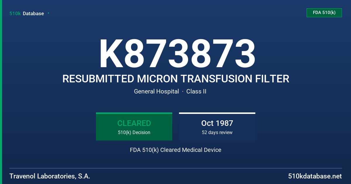 K873873 RESUBMITTED MICRON TRANSFUSION FILTER FDA 510(k) Cleared Medical Device