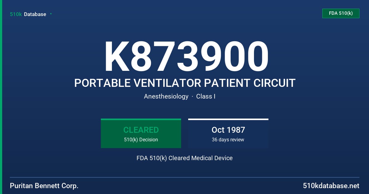 K873900 PORTABLE VENTILATOR PATIENT CIRCUIT FDA 510(k) Cleared Medical Device