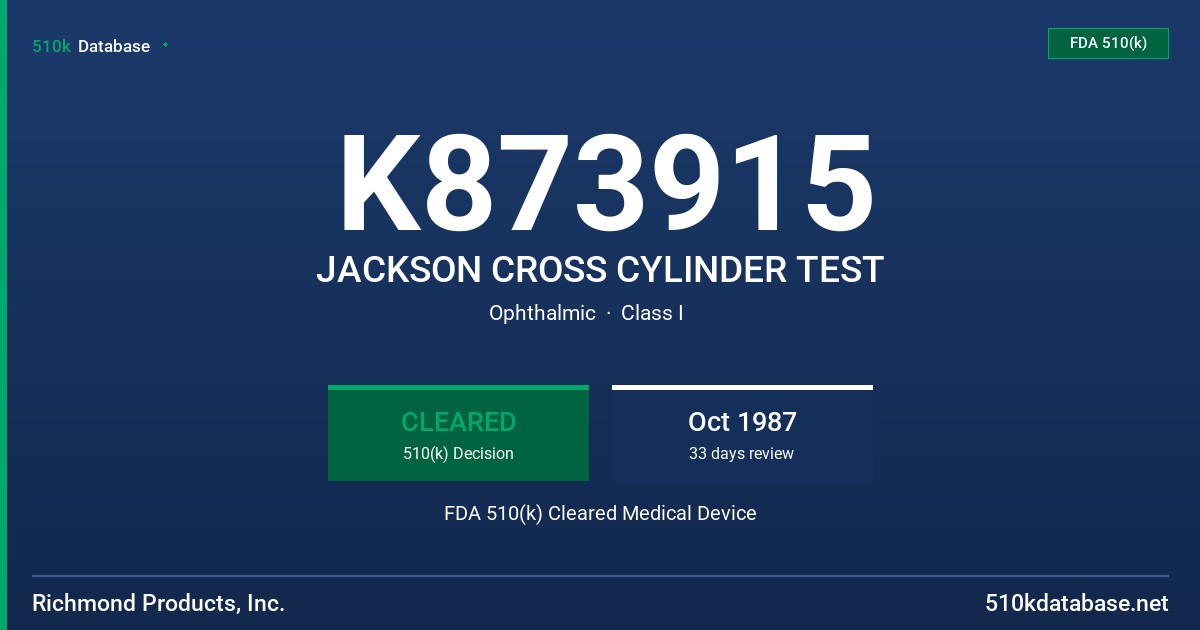 K873915 JACKSON CROSS CYLINDER TEST FDA 510(k) Cleared Medical Device