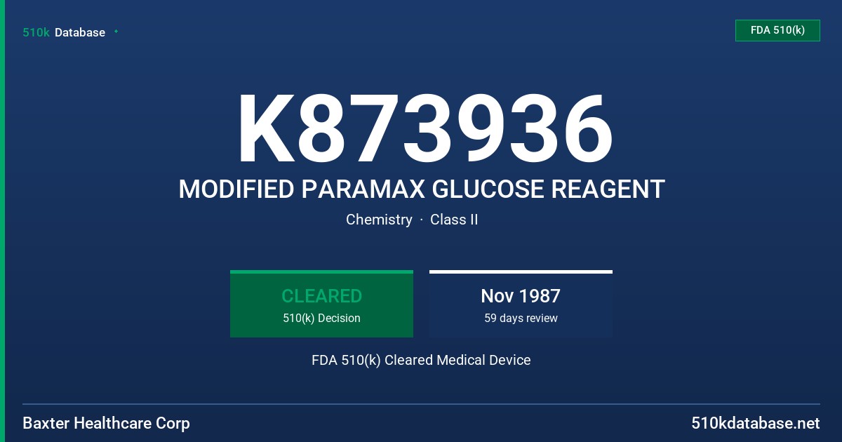 K873936 MODIFIED PARAMAX GLUCOSE REAGENT FDA 510(k) Cleared Medical Device