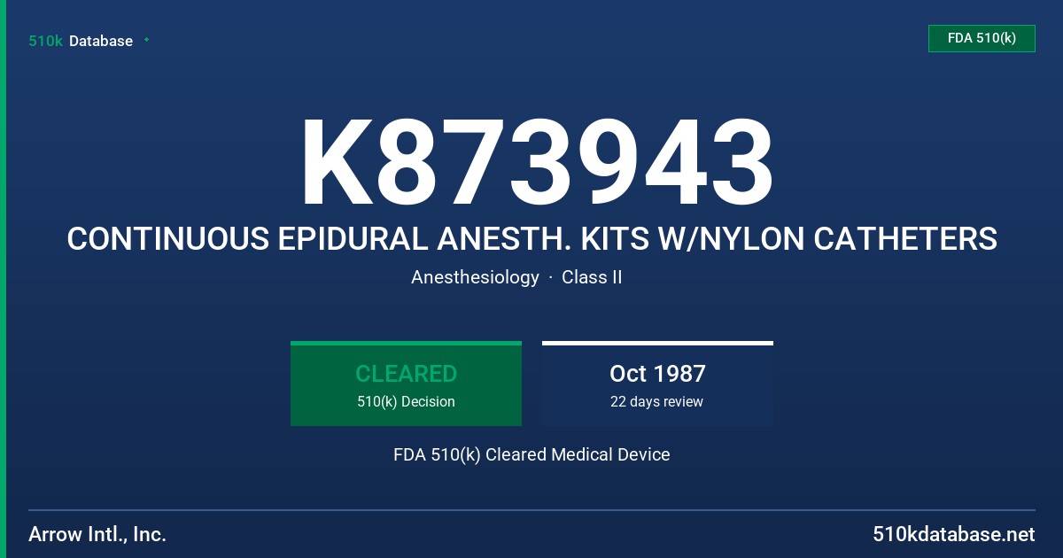 K873943 CONTINUOUS EPIDURAL ANESTH. KITS W/NYLON CATHETERS FDA 510(k) Cleared Medical Device