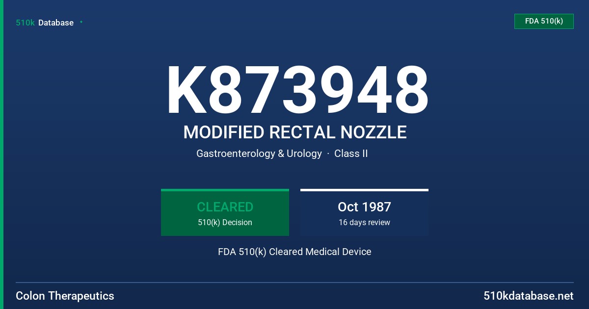 K873948 MODIFIED RECTAL NOZZLE FDA 510(k) Cleared Medical Device