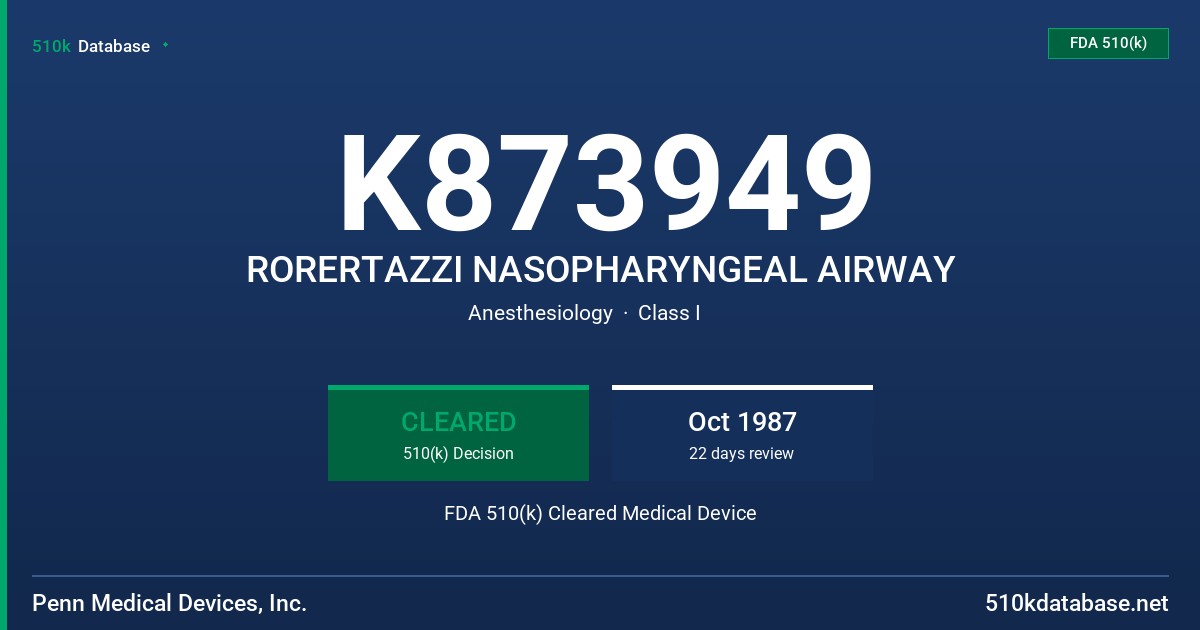 K873949 RORERTAZZI NASOPHARYNGEAL AIRWAY FDA 510(k) Cleared Medical Device