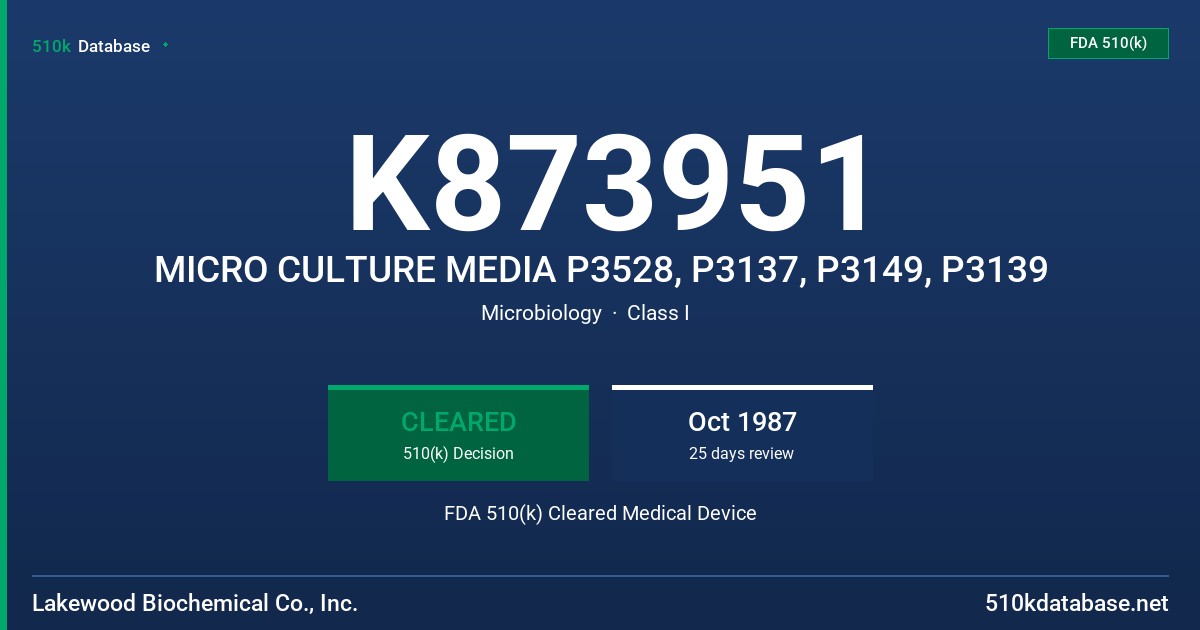 K873951 MICRO CULTURE MEDIA P3528, P3137, P3149, P3139 FDA 510(k) Cleared Medical Device