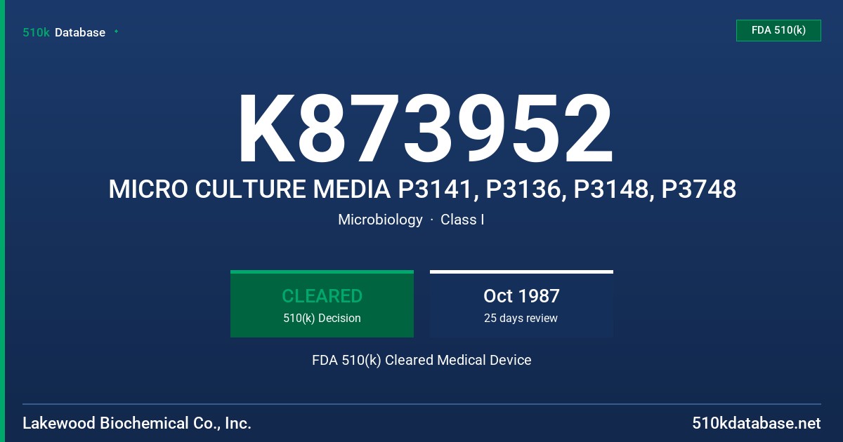 K873952 MICRO CULTURE MEDIA P3141, P3136, P3148, P3748 FDA 510(k) Cleared Medical Device