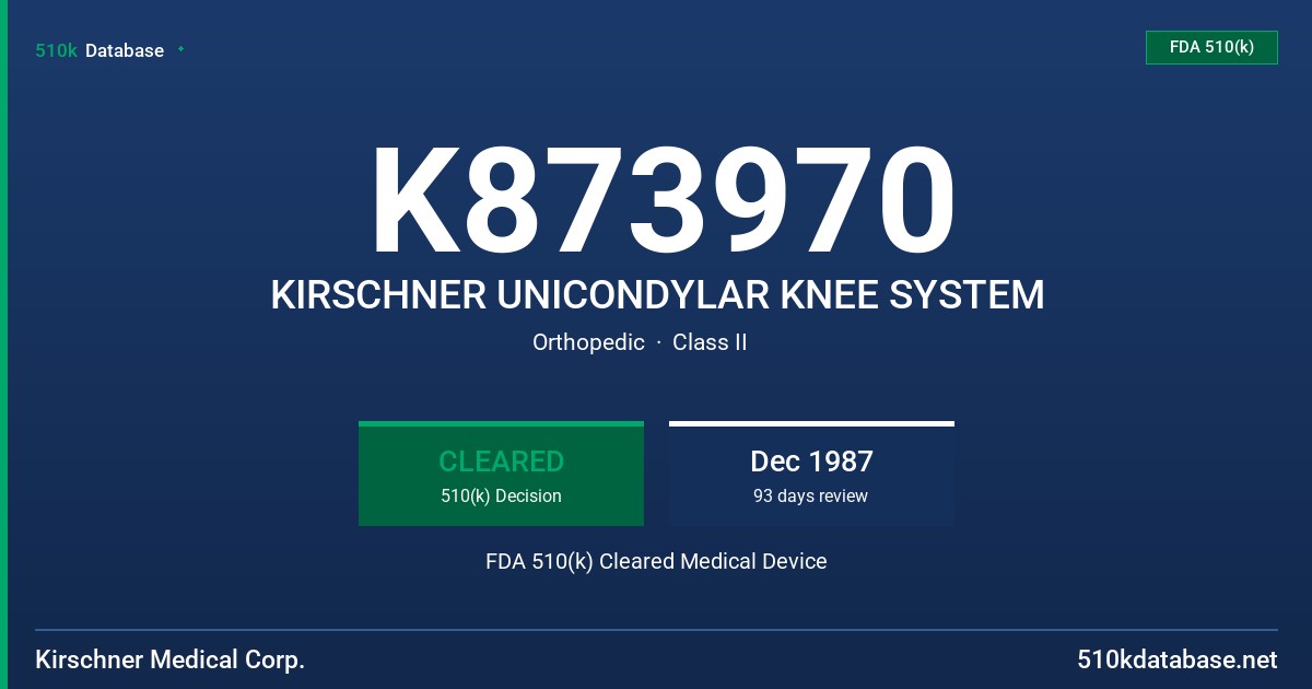 K873970 KIRSCHNER UNICONDYLAR KNEE SYSTEM FDA 510(k) Cleared Medical Device