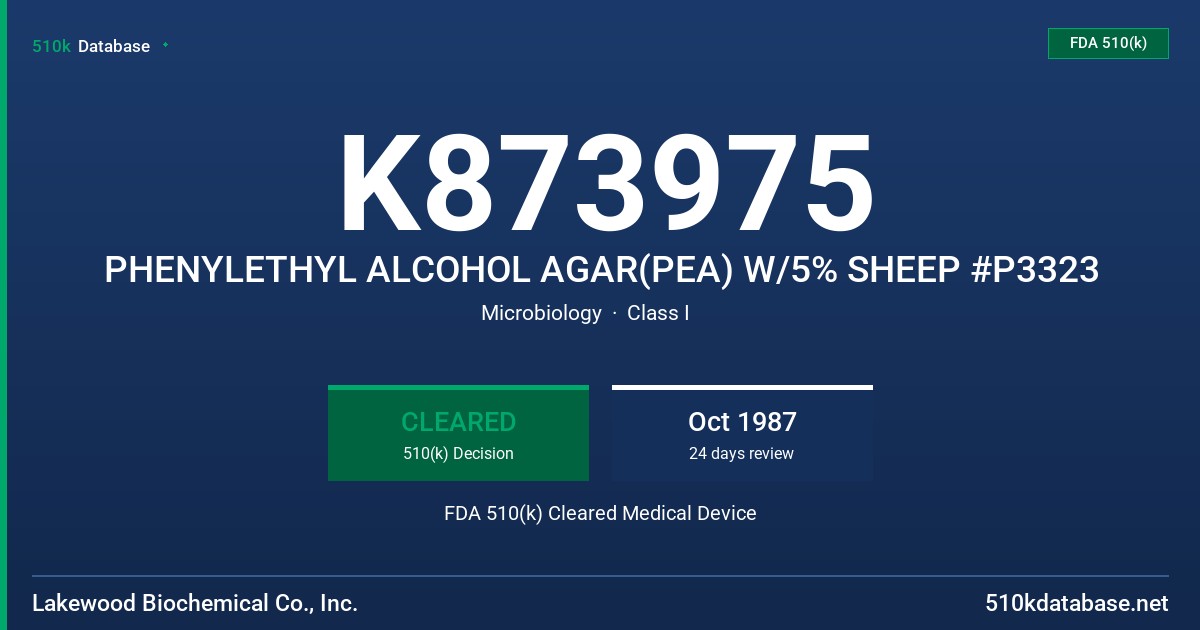 K873975 PHENYLETHYL ALCOHOL AGAR(PEA) W/5% SHEEP #P3323 FDA 510(k) Cleared Medical Device