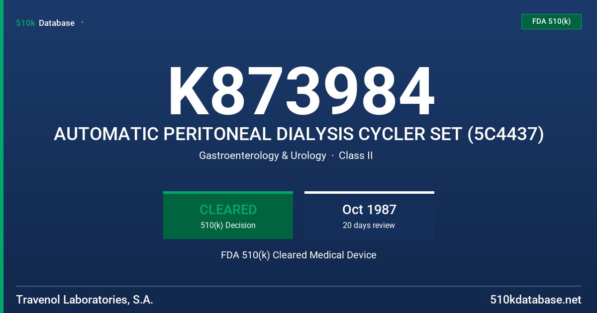 K873984 AUTOMATIC PERITONEAL DIALYSIS CYCLER SET (5C4437) FDA 510(k) Cleared Medical Device