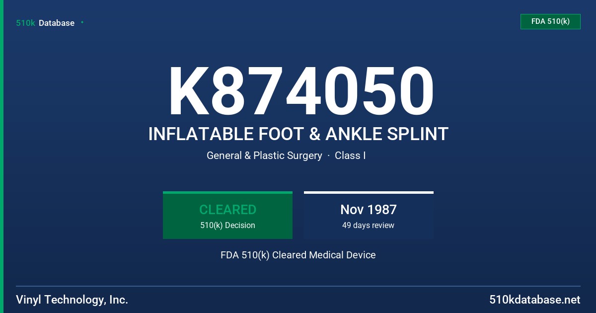 K874050 INFLATABLE FOOT & ANKLE SPLINT FDA 510(k) Cleared Medical Device