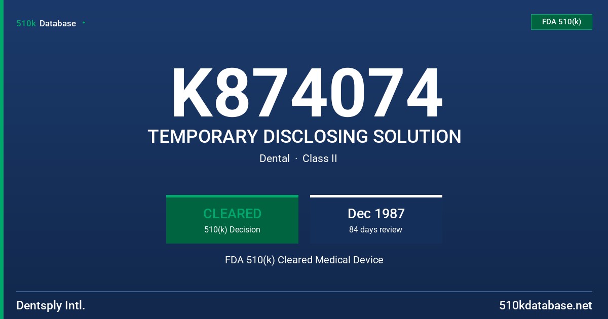 K874074 TEMPORARY DISCLOSING SOLUTION FDA 510(k) Cleared Medical Device