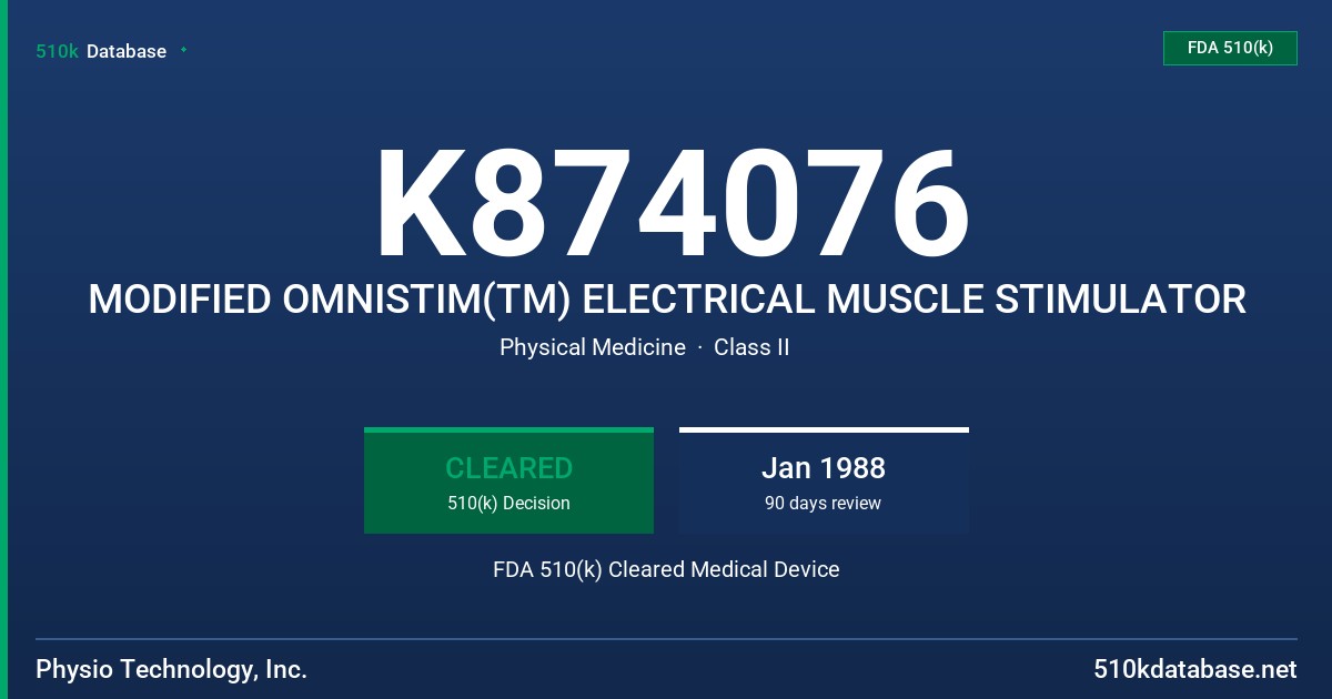 K874076 MODIFIED OMNISTIM(TM) ELECTRICAL MUSCLE STIMULATOR FDA 510(k) Cleared Medical Device
