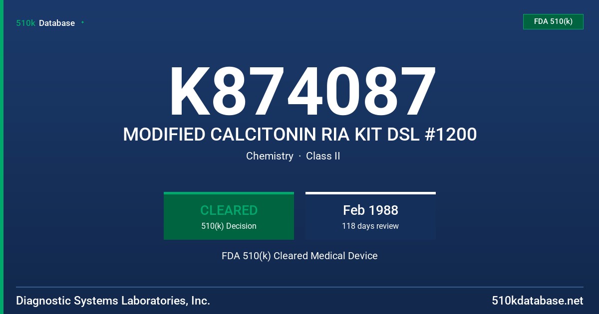 K874087 MODIFIED CALCITONIN RIA KIT DSL #1200 FDA 510(k) Cleared Medical Device