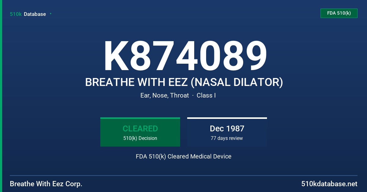 K874089 BREATHE WITH EEZ (NASAL DILATOR) FDA 510(k) Cleared Medical Device
