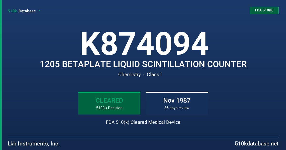 K874094 1205 BETAPLATE LIQUID SCINTILLATION COUNTER FDA 510(k) Cleared Medical Device