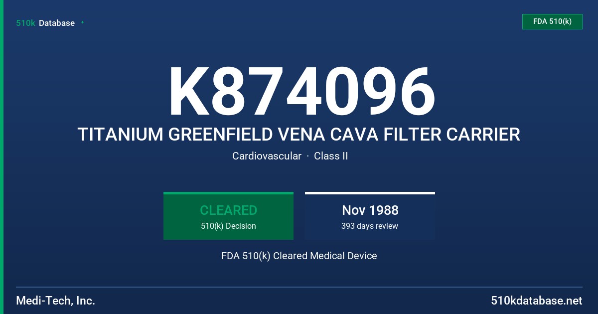 K874096 TITANIUM GREENFIELD VENA CAVA FILTER CARRIER FDA 510(k) Cleared Medical Device