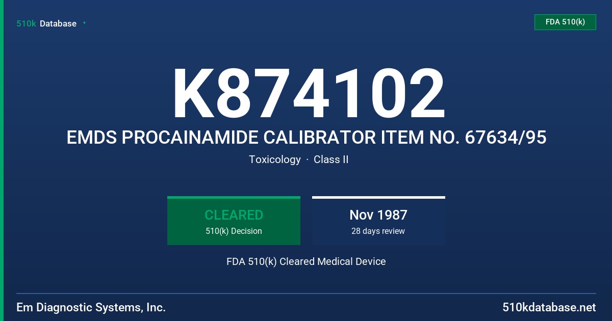 K874102 EMDS PROCAINAMIDE CALIBRATOR ITEM NO. 67634/95 FDA 510(k) Cleared Medical Device