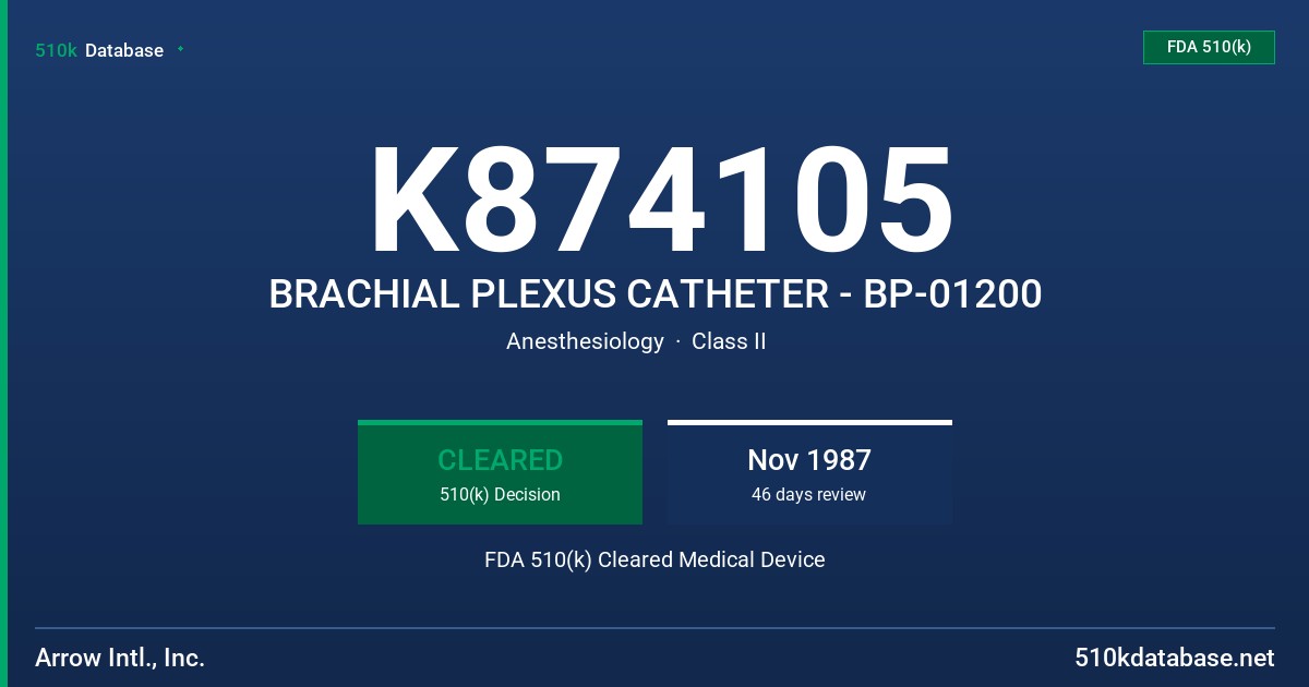 K874105 BRACHIAL PLEXUS CATHETER - BP-01200 FDA 510(k) Cleared Medical Device