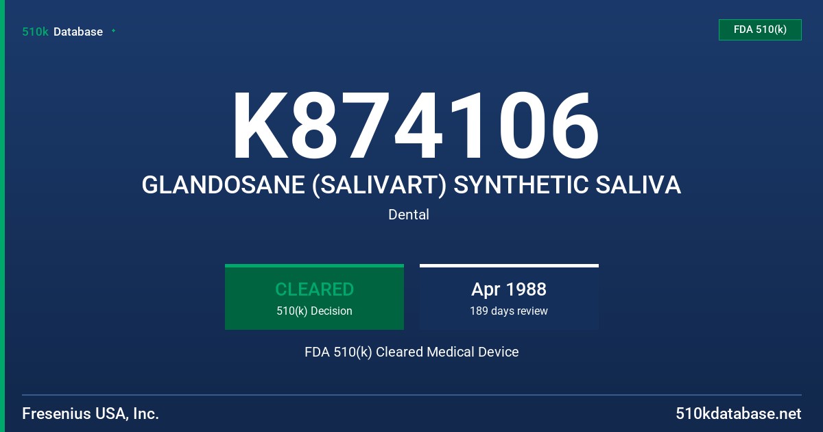 K874106 GLANDOSANE (SALIVART) SYNTHETIC SALIVA FDA 510(k) Cleared Medical Device