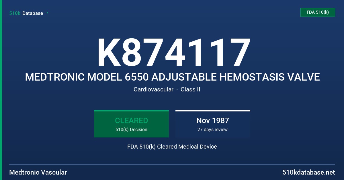 K874117 MEDTRONIC MODEL 6550 ADJUSTABLE HEMOSTASIS VALVE FDA 510(k) Cleared Medical Device