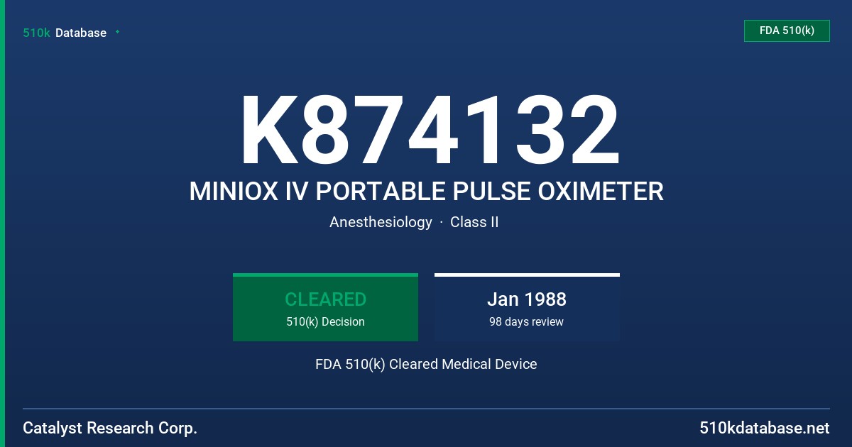 K874132 MINIOX IV PORTABLE PULSE OXIMETER FDA 510(k) Cleared Medical Device
