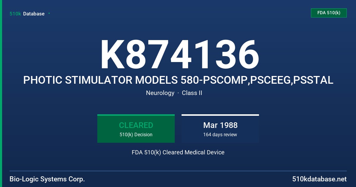 K874136 PHOTIC STIMULATOR MODELS 580-PSCOMP,PSCEEG,PSSTAL FDA 510(k) Cleared Medical Device