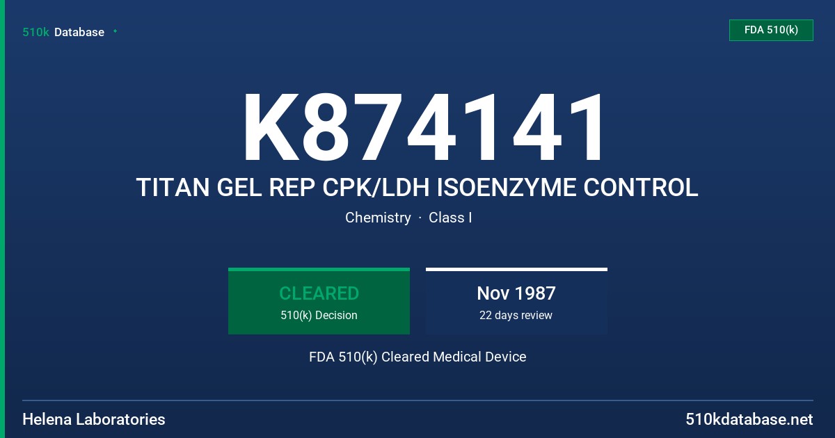 K874141 TITAN GEL REP CPK/LDH ISOENZYME CONTROL FDA 510(k) Cleared Medical Device