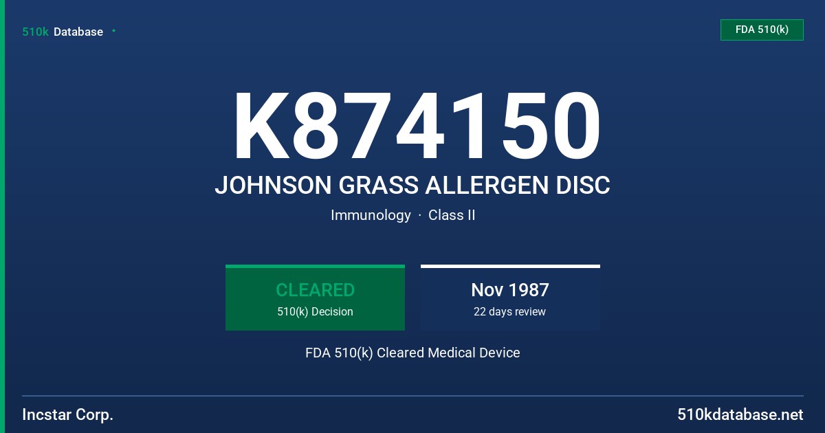 K874150 JOHNSON GRASS ALLERGEN DISC FDA 510(k) Cleared Medical Device