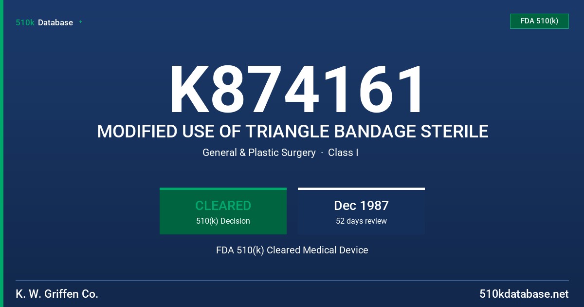 K874161 MODIFIED USE OF TRIANGLE BANDAGE STERILE FDA 510(k) Cleared Medical Device