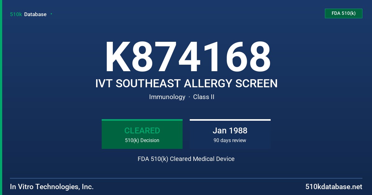 K874168 IVT SOUTHEAST ALLERGY SCREEN FDA 510(k) Cleared Medical Device