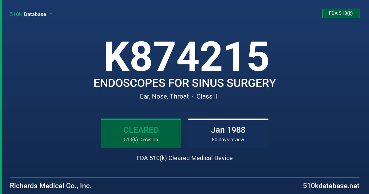 K874215 ENDOSCOPES FOR SINUS SURGERY FDA 510(k) Cleared Medical Device