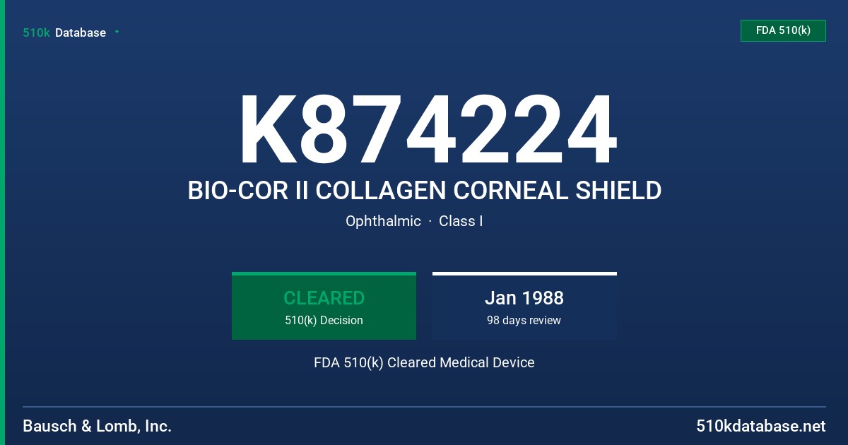 K874224 BIO-COR II COLLAGEN CORNEAL SHIELD FDA 510(k) Cleared Medical Device