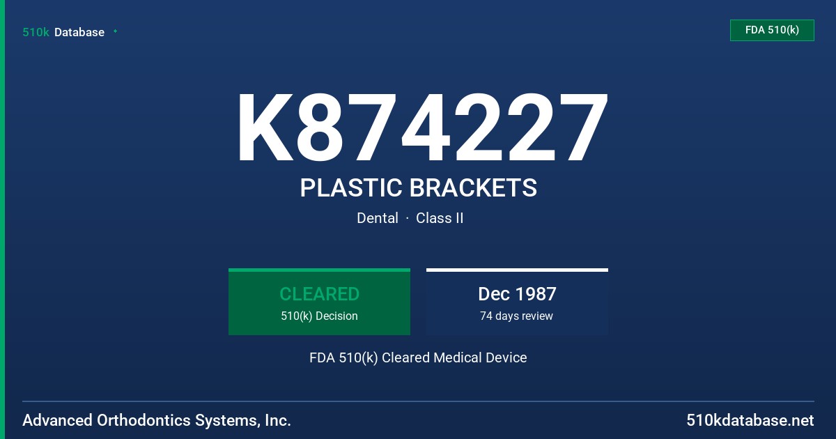 K874227 PLASTIC BRACKETS FDA 510(k) Cleared Medical Device