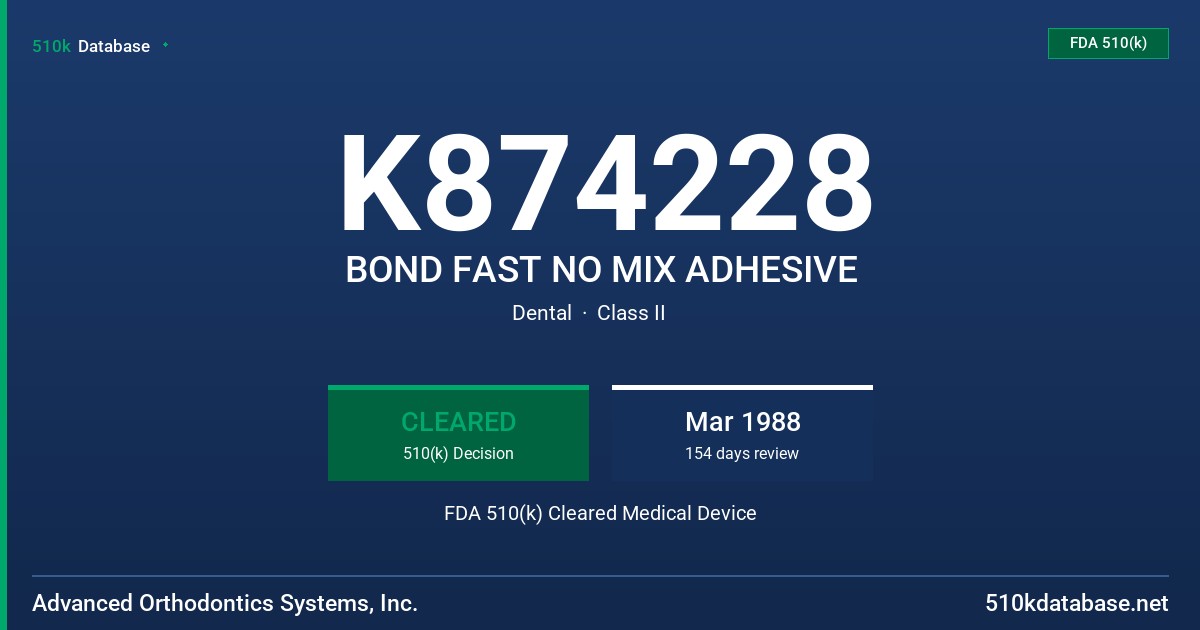 K874228 BOND FAST NO MIX ADHESIVE FDA 510(k) Cleared Medical Device
