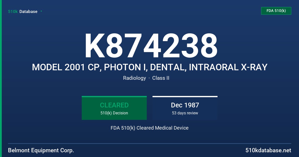 K874238 MODEL 2001 CP, PHOTON I, DENTAL, INTRAORAL X-RAY FDA 510(k) Cleared Medical Device