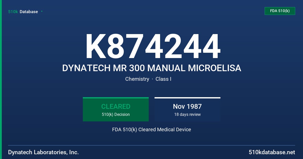 K874244 DYNATECH MR 300 MANUAL MICROELISA FDA 510(k) Cleared Medical Device