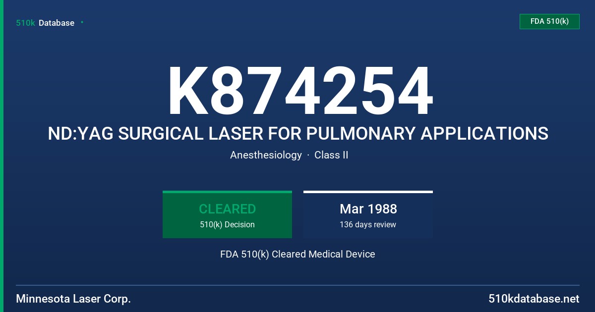 K874254 ND:YAG SURGICAL LASER FOR PULMONARY APPLICATIONS FDA 510(k) Cleared Medical Device
