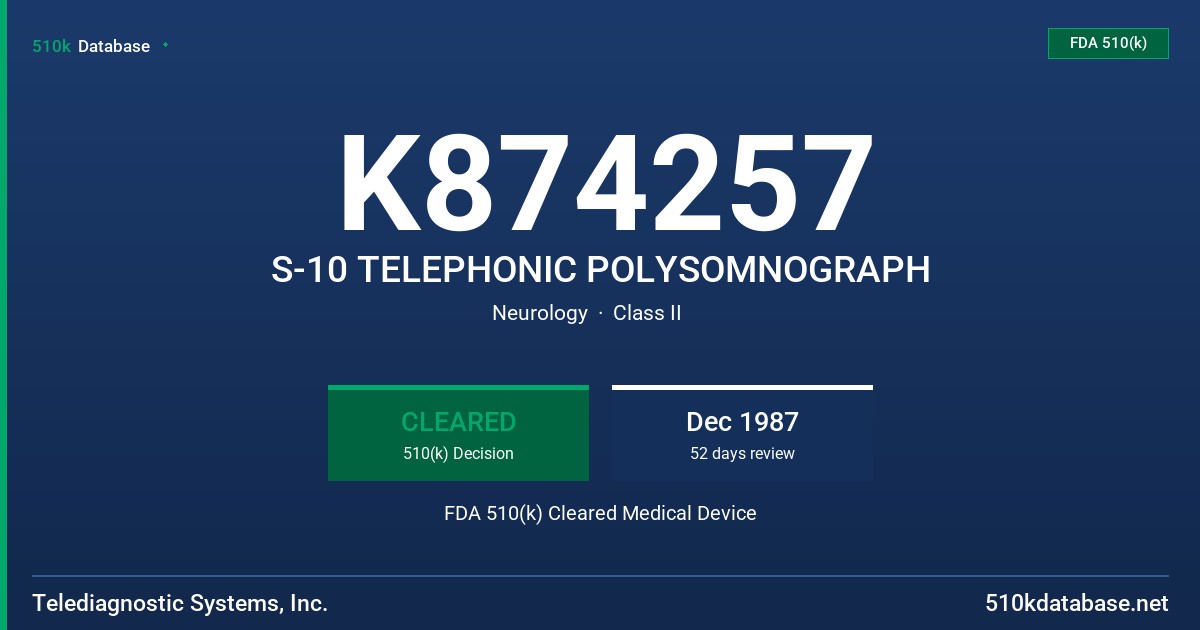 K874257 S-10 TELEPHONIC POLYSOMNOGRAPH FDA 510(k) Cleared Medical Device