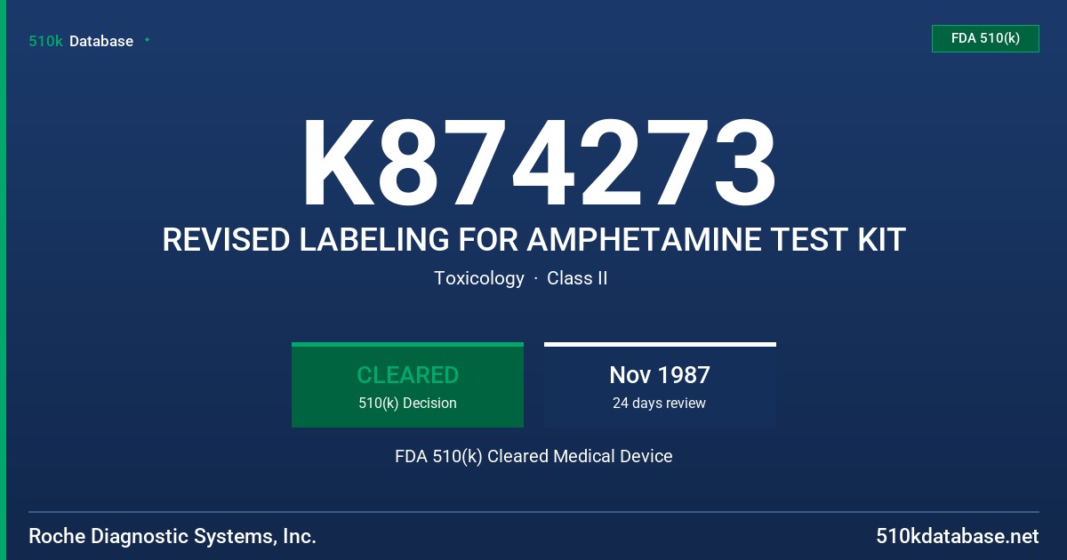 K874273 REVISED LABELING FOR AMPHETAMINE TEST KIT FDA 510(k) Cleared Medical Device