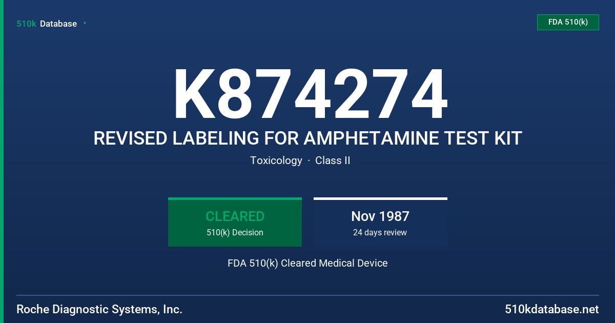K874274 REVISED LABELING FOR AMPHETAMINE TEST KIT FDA 510(k) Cleared Medical Device