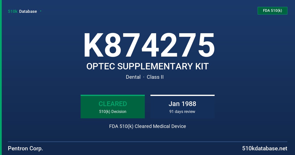 K874275 OPTEC SUPPLEMENTARY KIT FDA 510(k) Cleared Medical Device