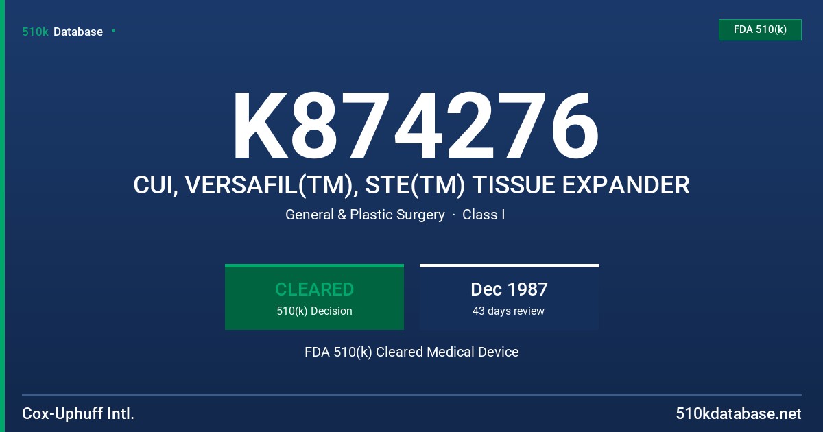 K874276 CUI, VERSAFIL(TM), STE(TM) TISSUE EXPANDER FDA 510(k) Cleared Medical Device
